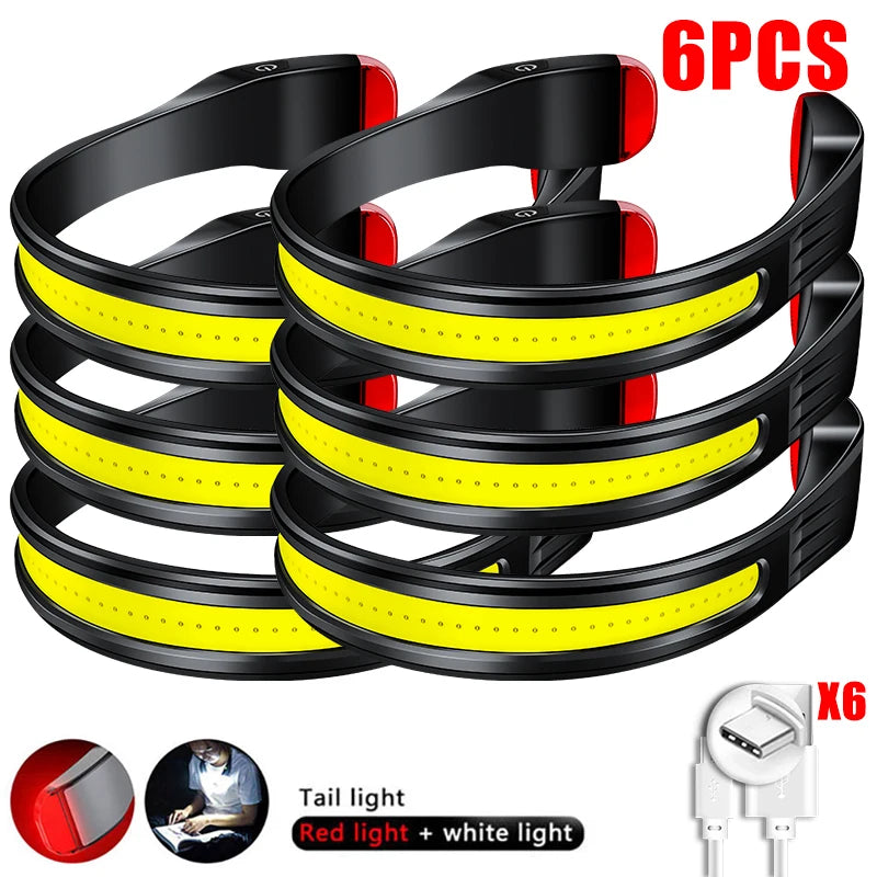 Running Headlamp USB C Rechargeable Built-in Battery Strong Light Fishing Reading Headlight with Tail Red and White Light-WAYBIKER