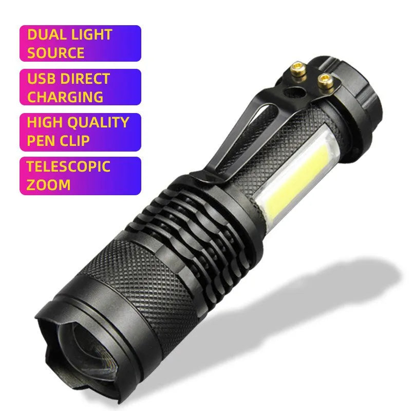 Mini XPE COB Lamp Bead LED Flashlight Use Rechargeable Double Light Source Emergency Flashlight for Hiking Camping Fishing