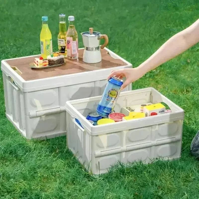 Outdoor Camping Folding Box With Wooden Lid Car Storage Box Food Organizer Container for Household Large Capacity Storage Box-WAYBIKER