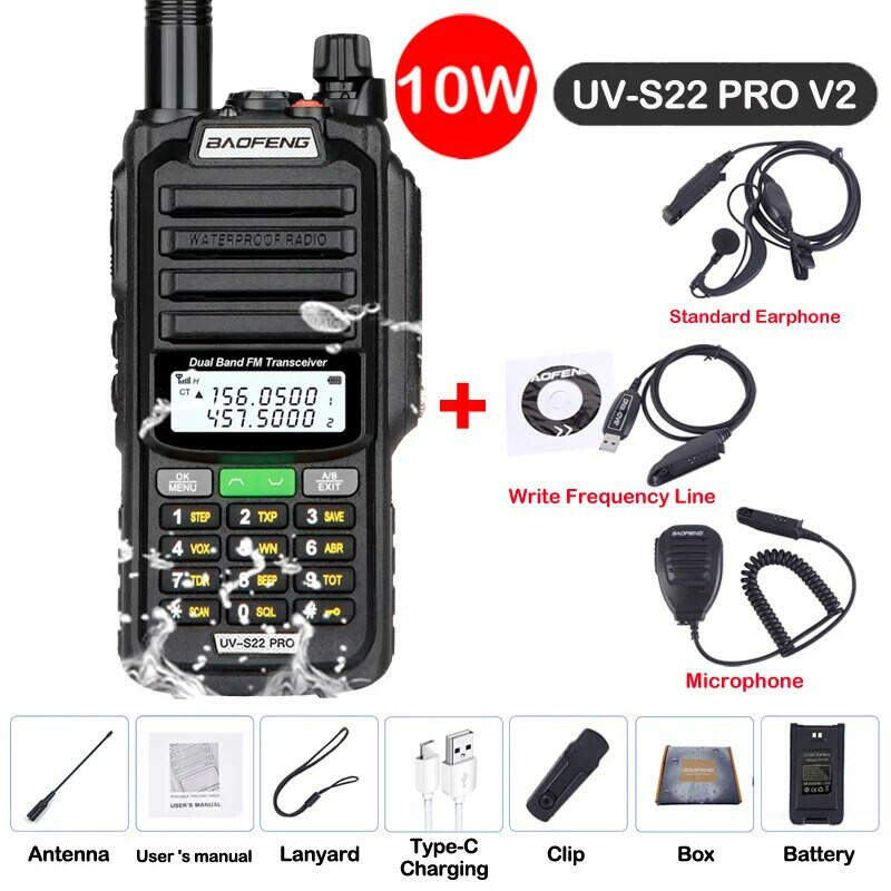 2023 Baofeng UV S22 PRO V2 IP68 Waterproof 10W Power Walkie Talkie Type-C Charger FM Radio UHF VHF Long Range Upgrade UV-9R Plus-WAYBIKER