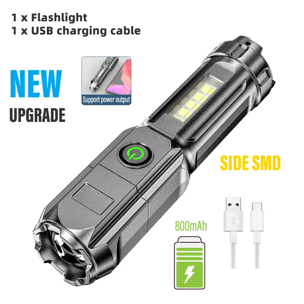 USB Rechargeable LED Flashlight Super Bright Torch with Side Lights 3 Lighting Modes Waterproof Outdoor Portable Lights Camping-WAYBIKER