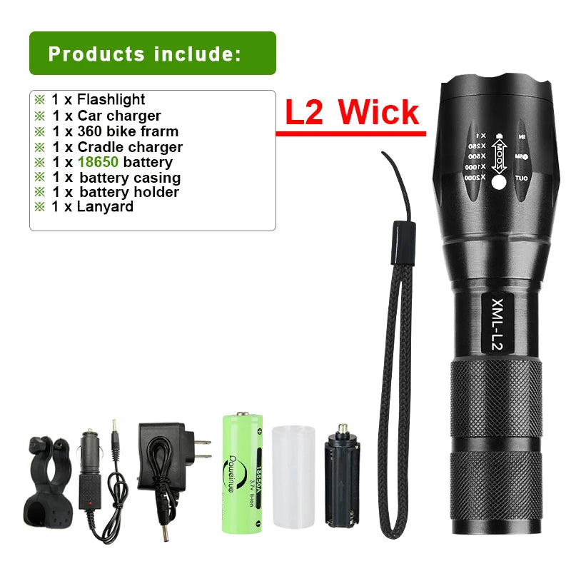 Super Bright XM-L2 LED Flashlight 18650 Rechargeable Torch Most Powerful Flash Light 2000 Lumen High Power Lantern Camping Lamp-WAYBIKER