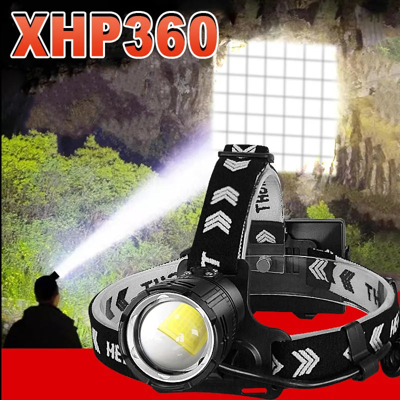 Super XHP360 Led Headlamp USB Rechargeable Head Flashlight Powerful High Power Headlight Camping Fishing Waterproof Head Lamp-WAYBIKER