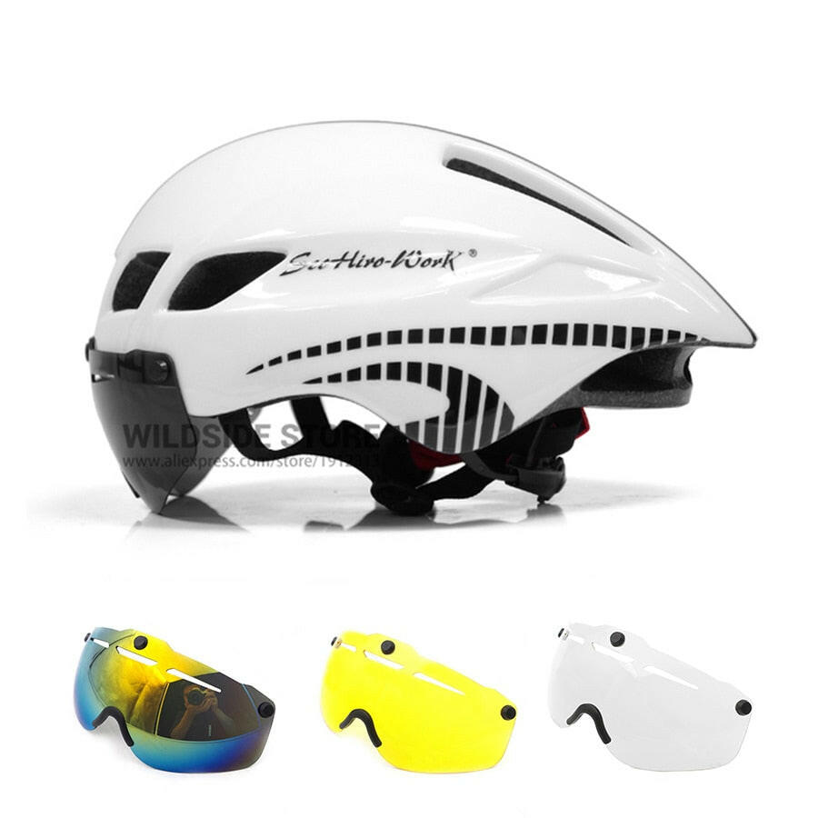New Bicycle Helmet With Glasses 4 Lens Colors Ultralight MTB Road Bike Helmet 57-61cm Adults Goggleses Casco Ciclismo Black Blue-WAYBIKER