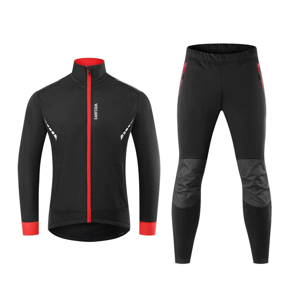 WOSAWE Winter Men's Cycling Outfit Fleece Warm MTB Jacket Reflective Cycling Sportwear Jerseys Pant Suit Thermal Sportwear-WAYBIKER