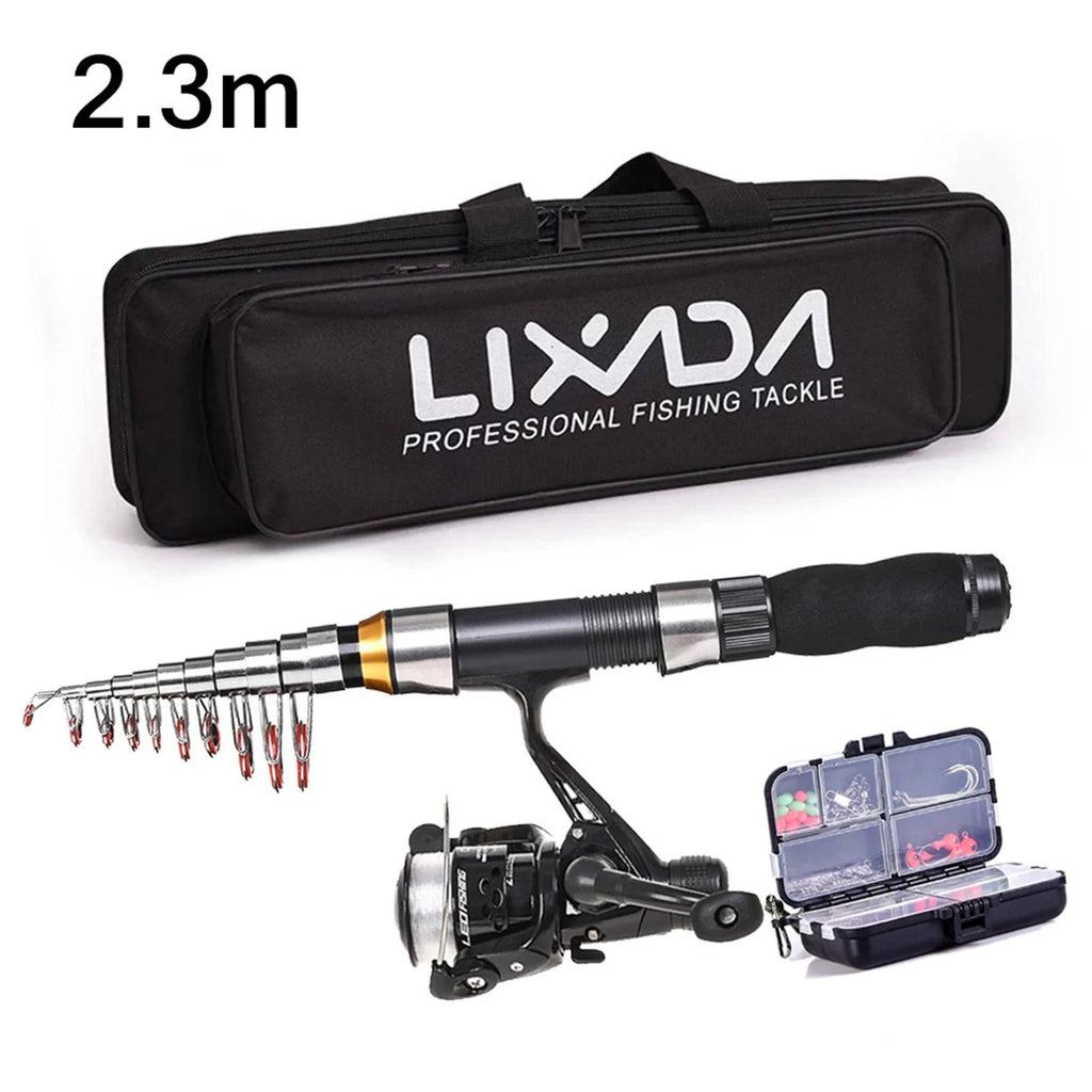 Lixada Fishing Rod Reel Combo Full Kit with 2.1m 2.3m Telescopic Fishing Rods 2PCS Spinning Reels Set with Hooks Soft Lures-WAYBIKER
