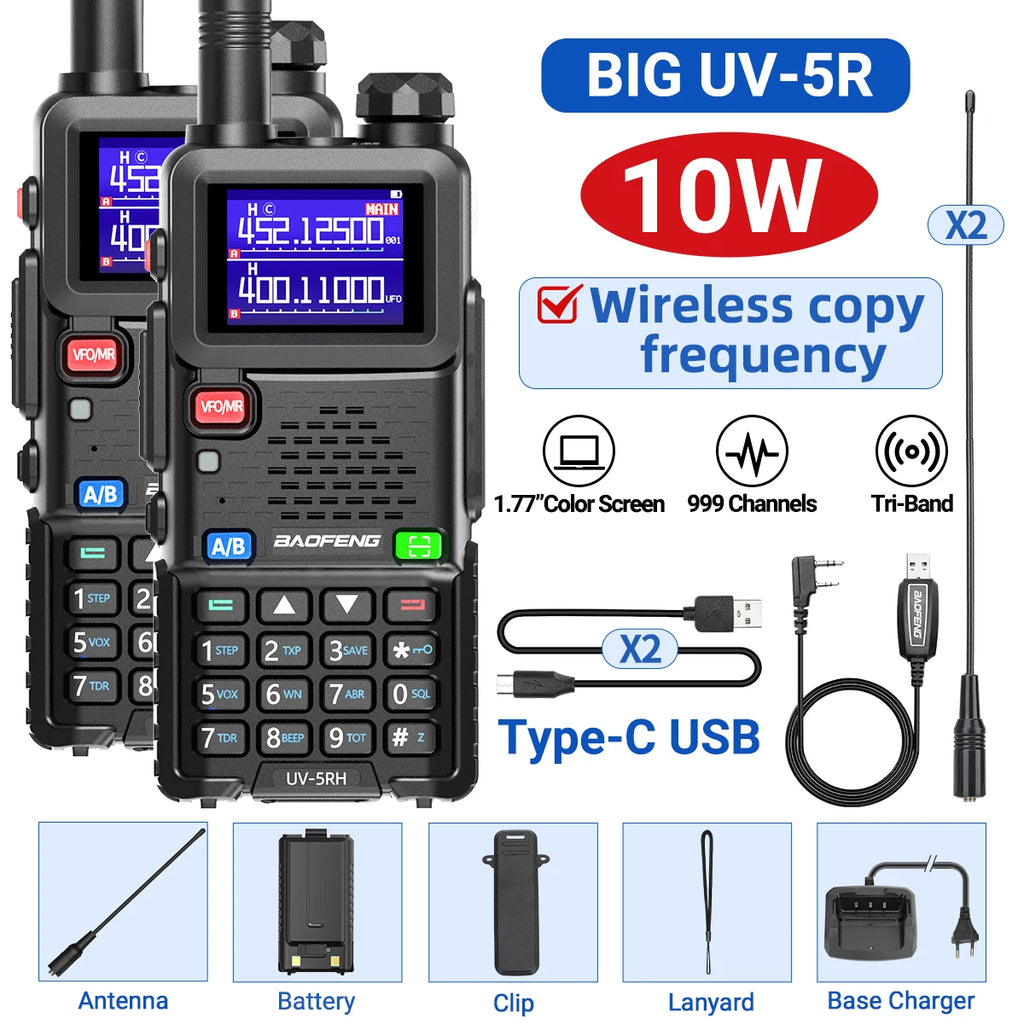 2PCS Baofeng UV-5RH Pro Max 15W Air Band Walkie Talkie Wirless Copy Frequency 999CH Type-C NOAA Long Range UV-5R K5 Ham Radio