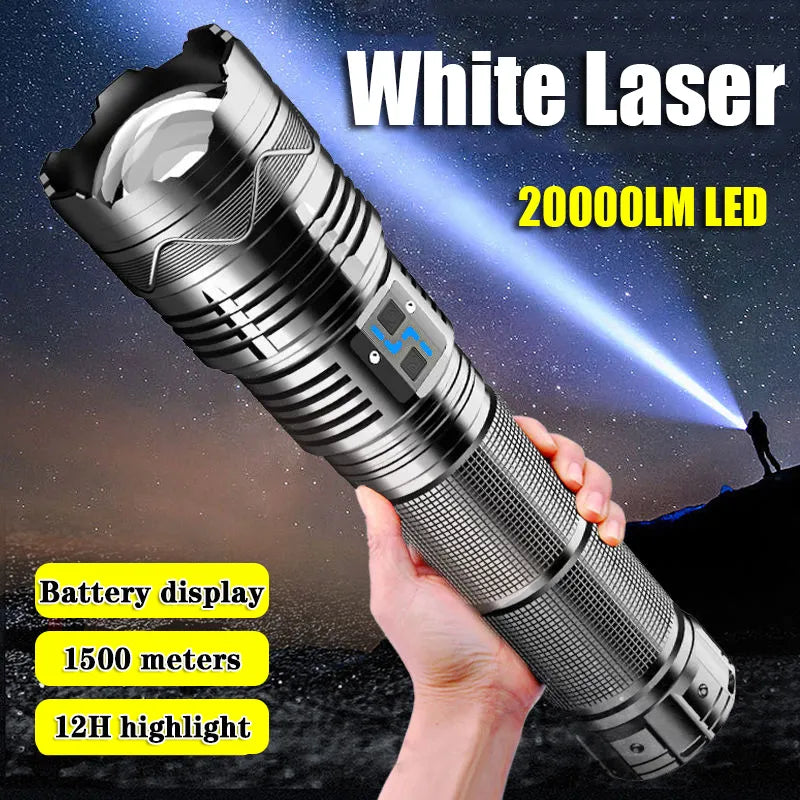 High Power White Laser Flashlight Super Bright LED Spotlight Long Range Torch Zoom Emergency Outdoor With Battery Indicator-WAYBIKER