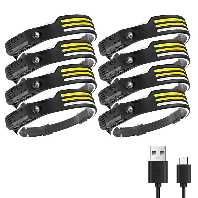 Multifunctional induction headlights 3 COB White red yellow light USB Rechargeable Head Torch 10 Lighting Modes Head Light-WAYBIKER
