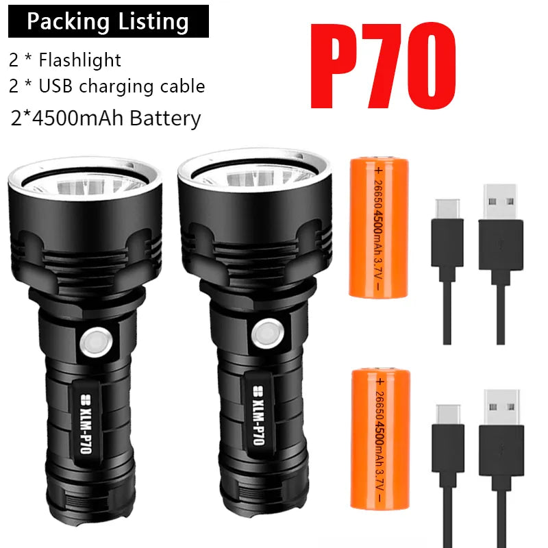 Super Bright L2 P70 LED Flashlight High Power Built-in 26650 Battery USB Rechargeable Aluminum Alloy Waterproof  Torch-WAYBIKER