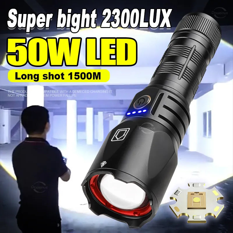 High Power LED Flashlights TypeC Ultra Powerful Rechargeable Flashlight 1500M Tactical Lantern Long Shot Torch For Camping-WAYBIKER