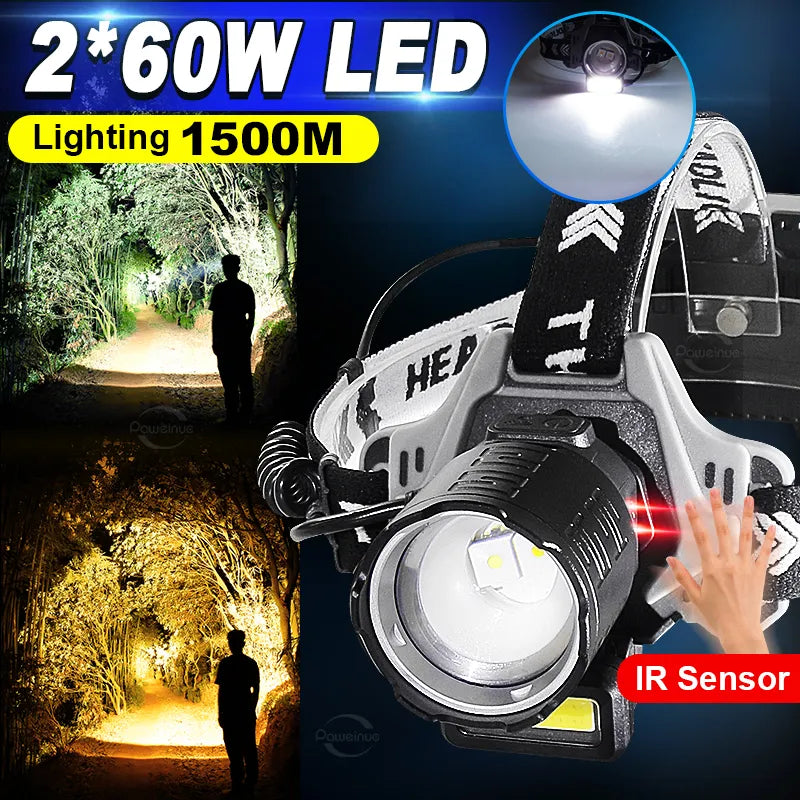 Newest Long Shot LED Headlamp 60W Powerful Head Flashlight 8000LM Yellow Light Headlight Rechargeable Head Lamp Fishing Lantern-WAYBIKER