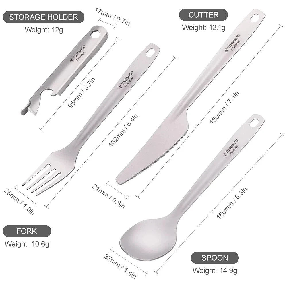 TOMSHOO Lightweight Spoon Fork Cutter with Storage Holder 4-in-1 Titanium Flatware Cutlery Set for Camping Hiking Picnic 2022-WAYBIKER