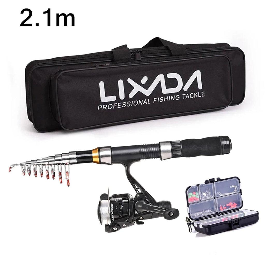 Lixada Fishing Rod Reel Combo Full Kit with 2.1m 2.3m Telescopic Fishing Rods 2PCS Spinning Reels Set with Hooks Soft Lures-WAYBIKER