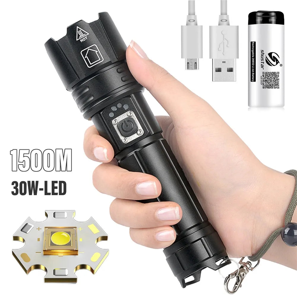 Super Bright LED Flashlight USB Rechargeable Torch Light With 30W LED Can Illuminate 1500 Meters Tactical Lantern