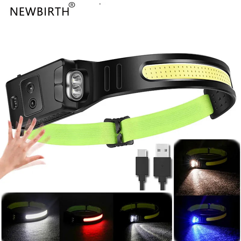 New COB LED Head Light USB Rechargeable Headlamp Full Vision Sensor Head Torch with Built-in Battery Fishing Light for Camping-WAYBIKER
