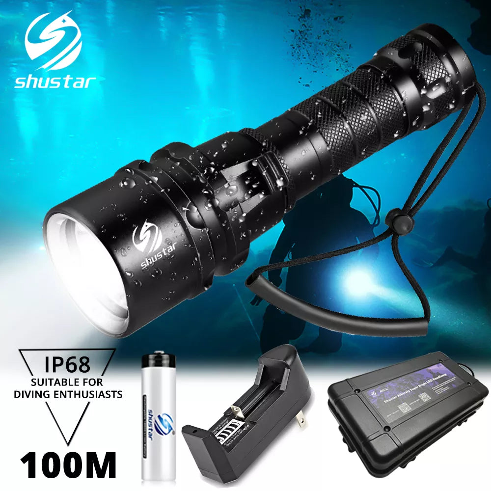 Super bright Diving Flashlight IP68 highest waterproof rating Professional diving light Powered by 18650 battery With hand rope-WAYBIKER