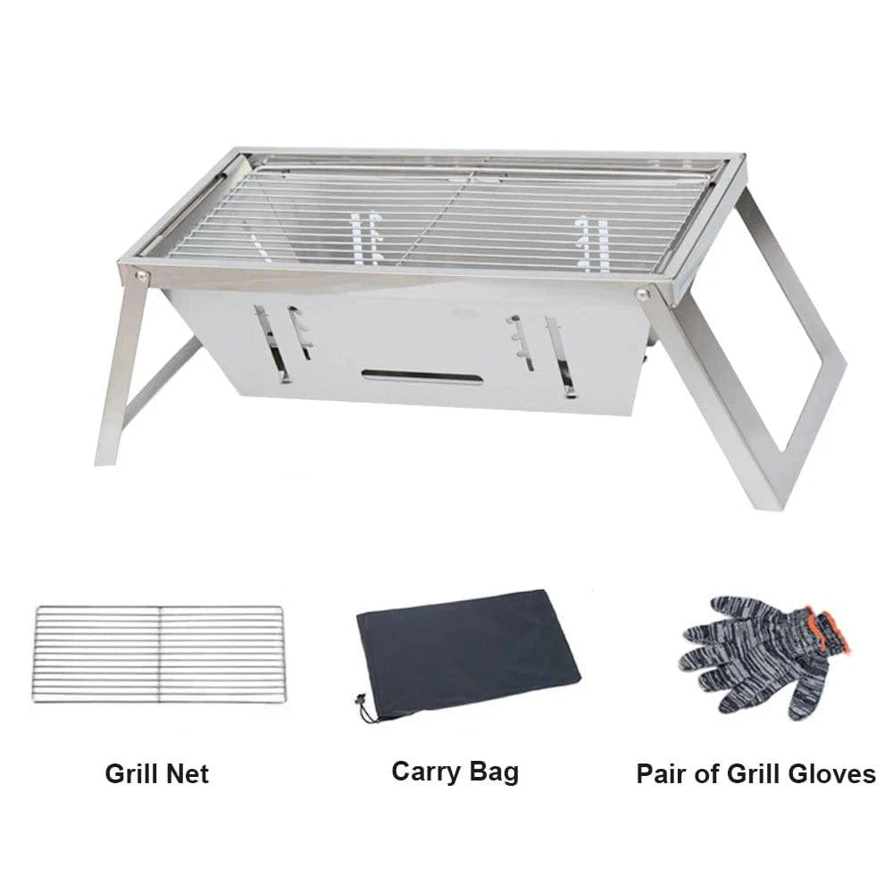 Portable Camping BBQ Grill 3 Hight Adjustable Stainless Steel Folding Charcoal Backpacking Stove with Grill Gloves Carry Bag-WAYBIKER