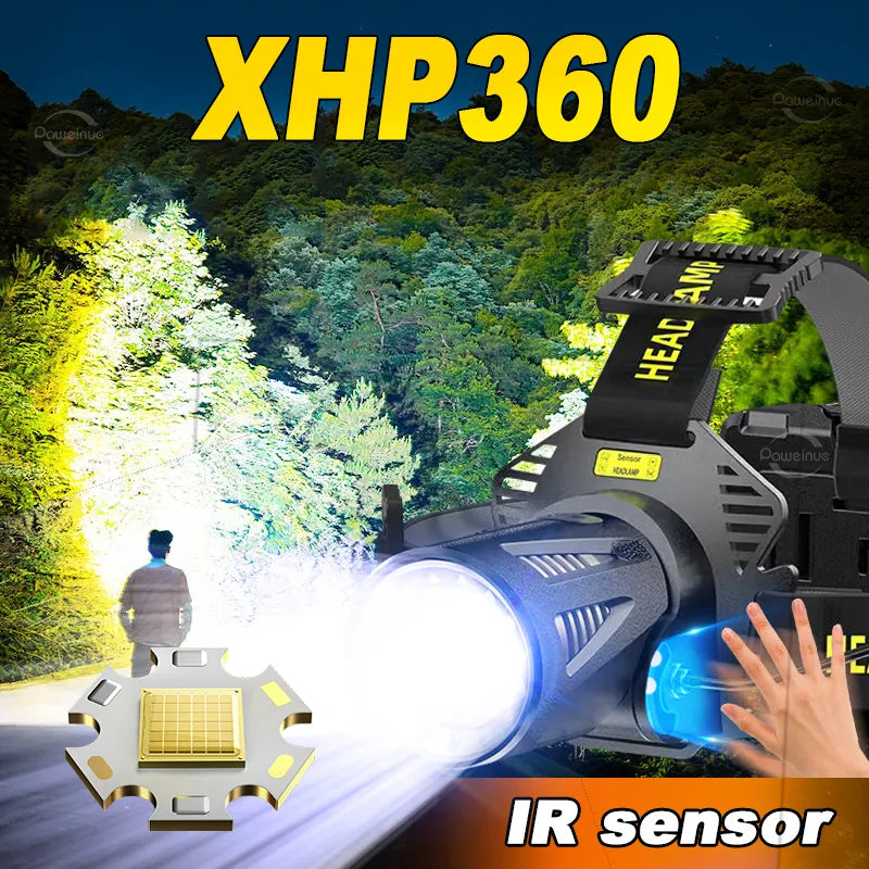 IR Sensor XHP360 Powerful LED Headlamp Rechargeable Head Flashlight XHP199 High Power Headlight 18650 Head Lamps Camping Lantern-WAYBIKER
