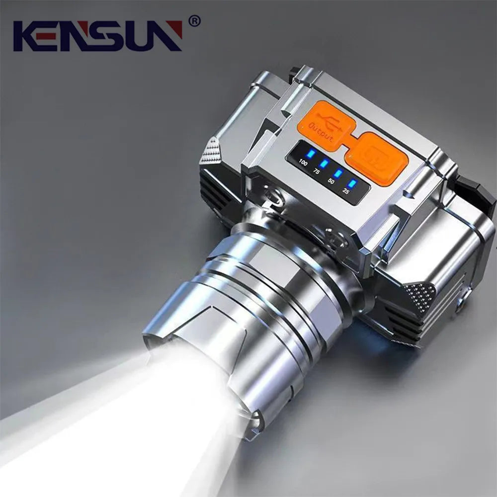 Portable LED Headlamp USB Rechargeable Powerful Headlight Outdoor Fishing Head-mounted Flashlight with Power Display Waterproof-WAYBIKER