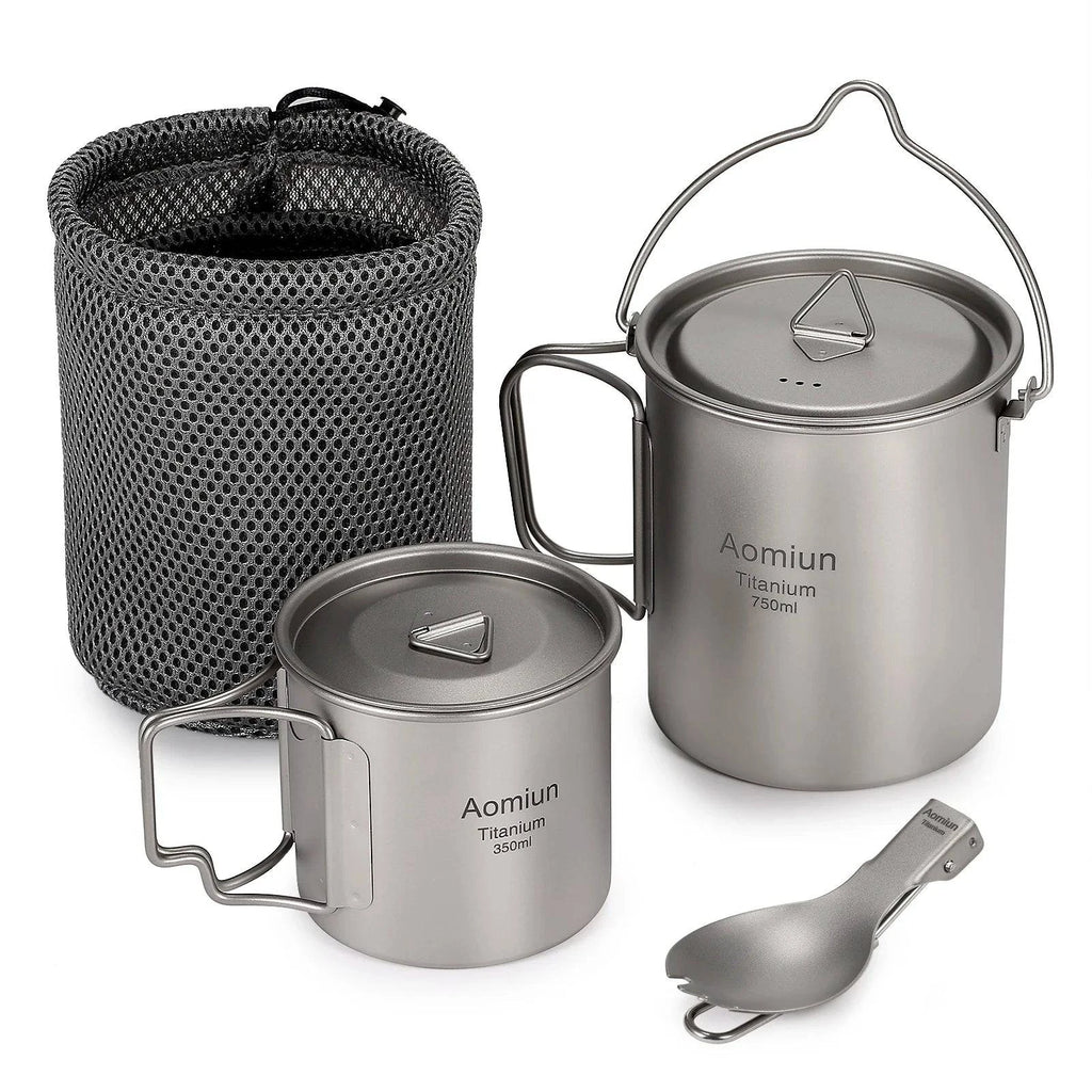 Lightweight Titanium 3 Pieces Set Titanium 750ml Pot 450ml Water Cup Mug with Lid Collapsible Handle Folding Spork for Camping-WAYBIKER