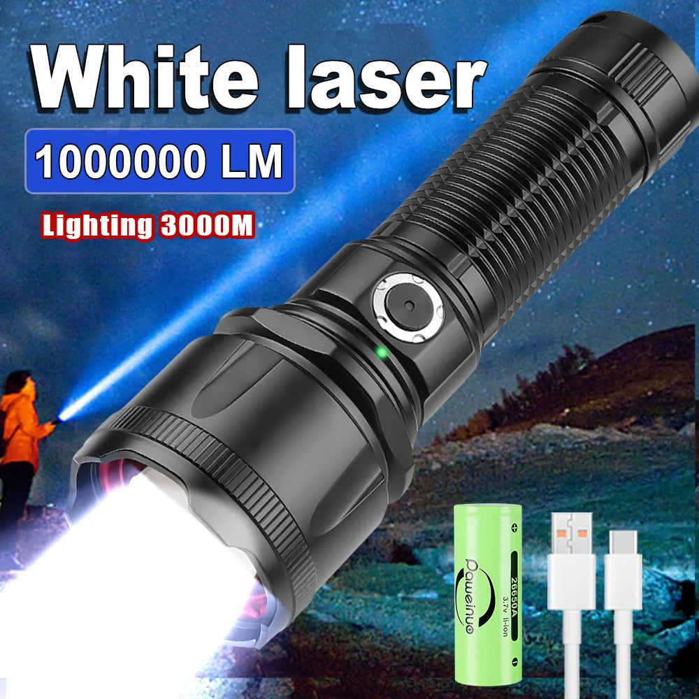 Most Powerful LED Flashlight White Laser Tactical Flash Light Rechargeable Torch Long Range Lamp Camping Hunting Lantern XHP360