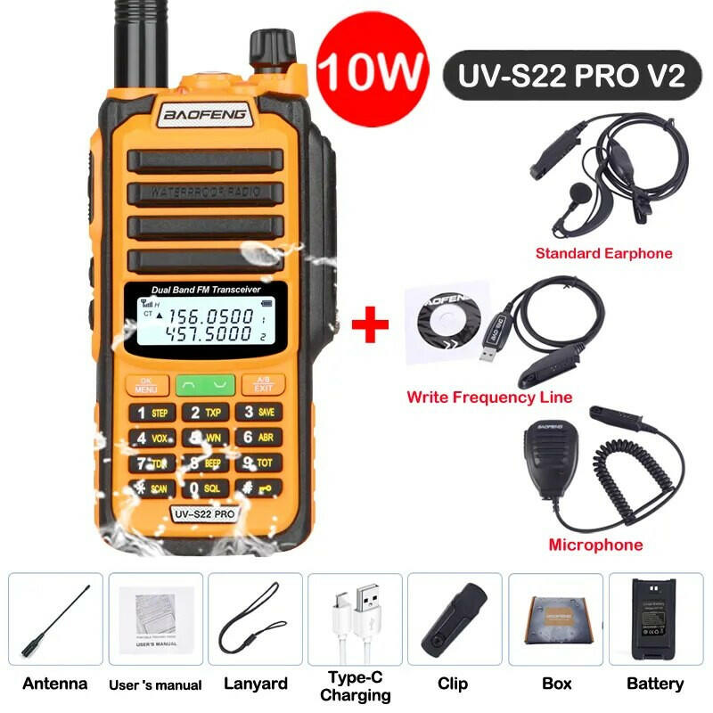 2023 Baofeng UV S22 PRO V2 IP68 Waterproof 10W Power Walkie Talkie Type-C Charger FM Radio UHF VHF Long Range Upgrade UV-9R Plus-WAYBIKER