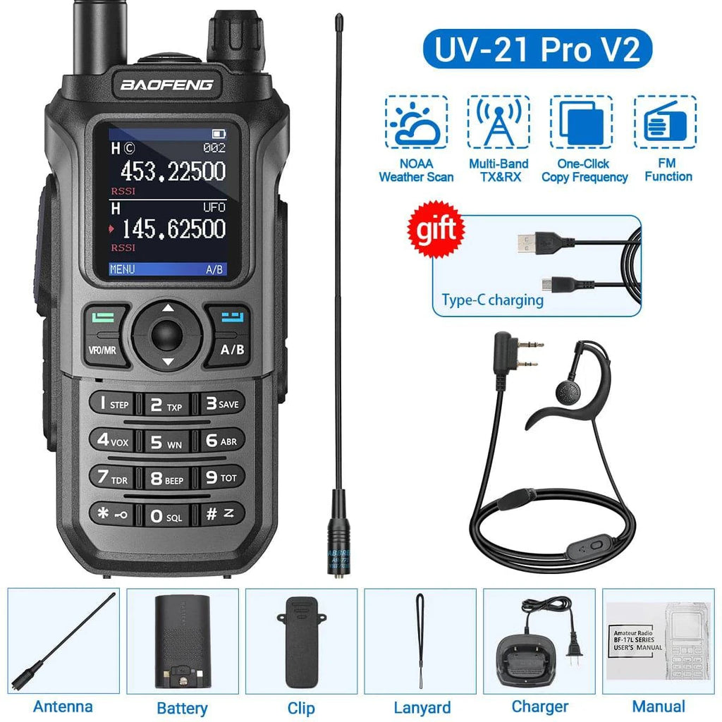 Baofeng UV-21 Pro Walkie Talkie Tri-Band Wireless Copy Frequency Long Range 999CH NOAA High Power Type-C UV-5R Ham Two Way Radio-WAYBIKER