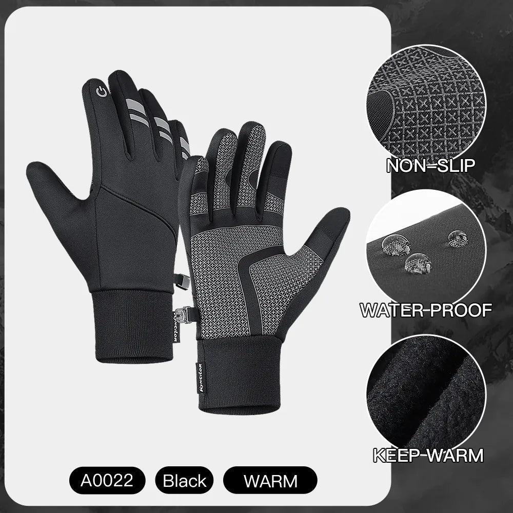 Autumn Winter Warm Cycling Gloves Water Windproof Touchscreen Anti-slip Bicycle Motorbike Gloves Men Black Hiking Mountaineering-WAYBIKER