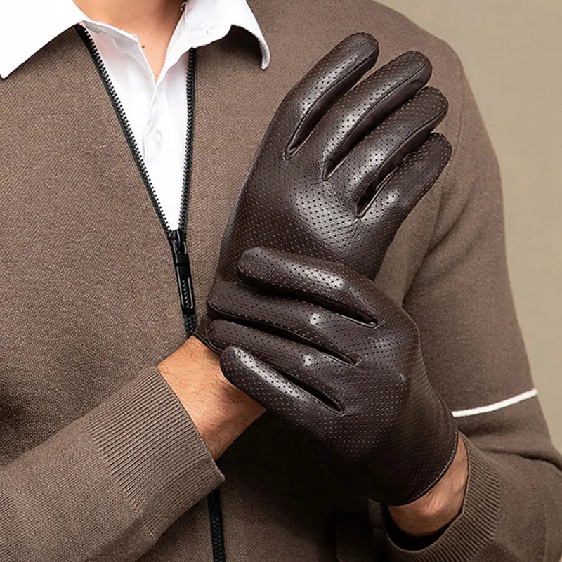 Genuine Sheepskin Leather Gloves For Men, Touchscreen Texting  Hollow Breathable Thin Driving, Cycling,Motorcycle Gloves-WAYBIKER