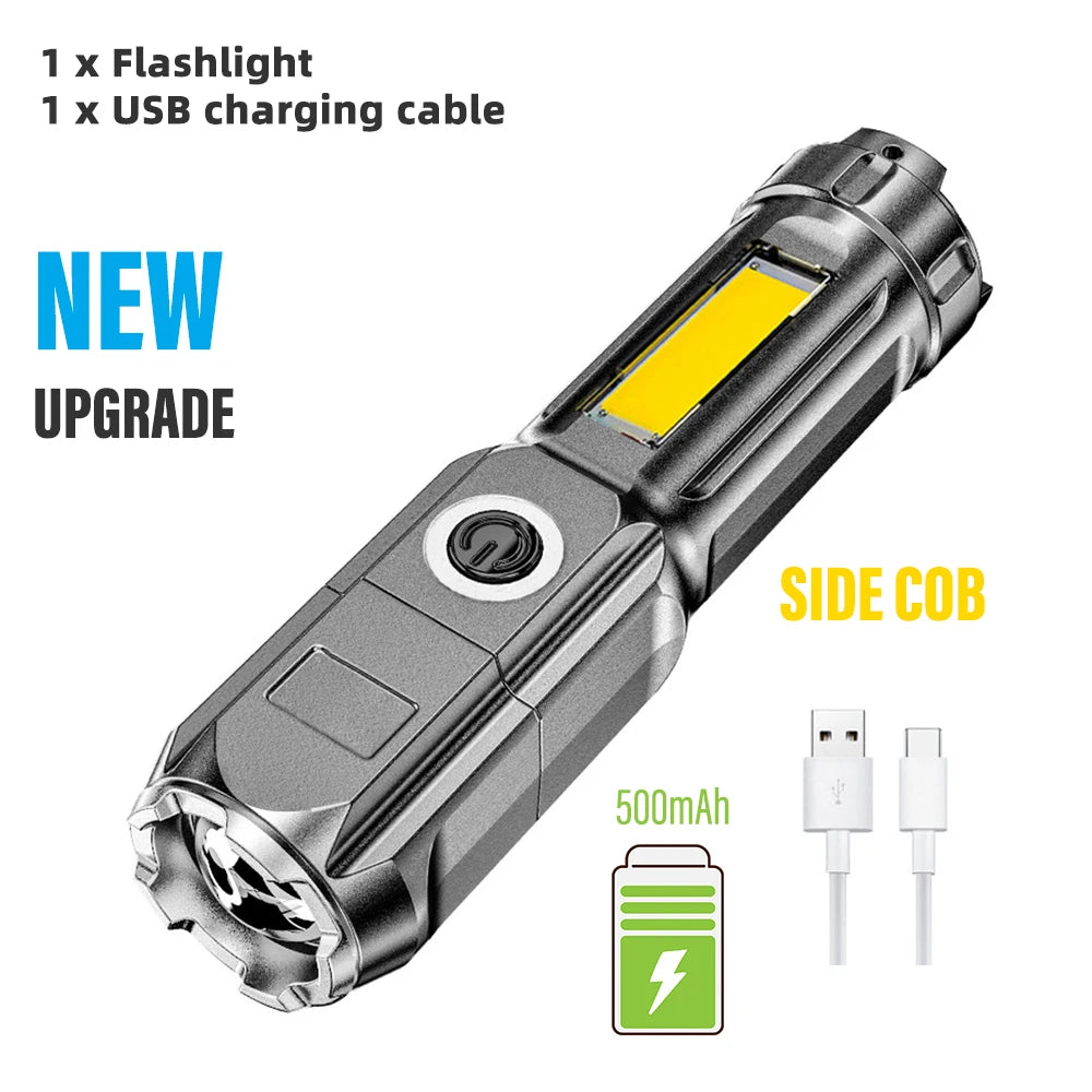 USB Rechargeable LED Flashlight Super Bright Torch with Side Lights 3 Lighting Modes Waterproof Outdoor Portable Lights Camping-WAYBIKER
