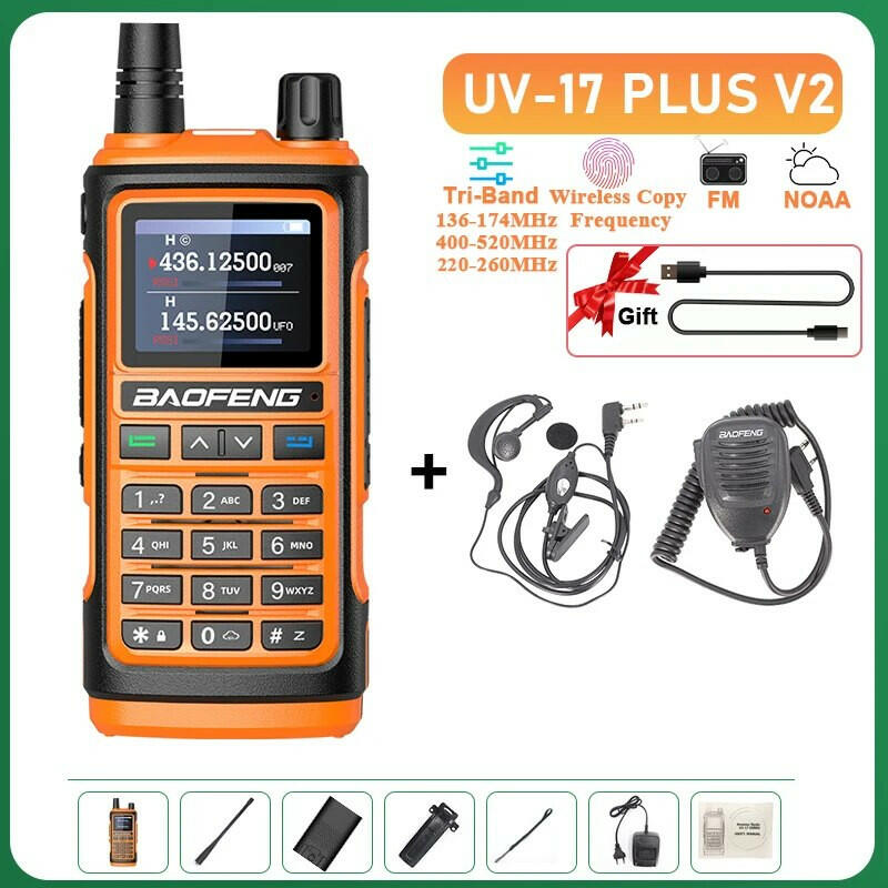 UV-17 Plus V1 V2 Baofeng Walkie Talkie 10W Type C Charging Dual/Tri Band Optional No Pro NOAA 1.77 Inch LCD Screen FM Waterproof-WAYBIKER