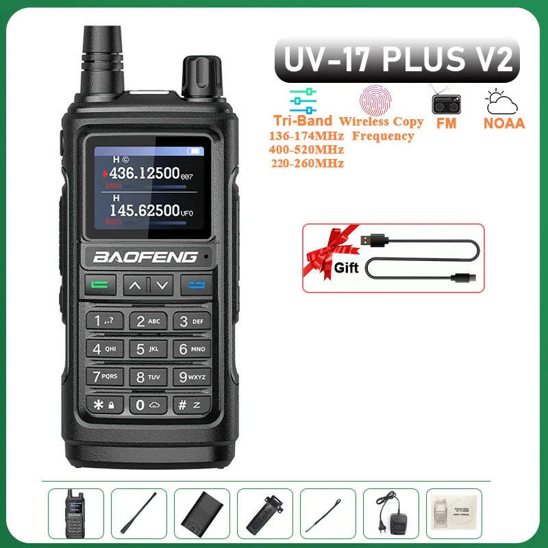 UV-17 Plus V1 V2 Baofeng Walkie Talkie 10W Type C Charging Dual/Tri Band Optional No Pro NOAA 1.77 Inch LCD Screen FM Waterproof-WAYBIKER