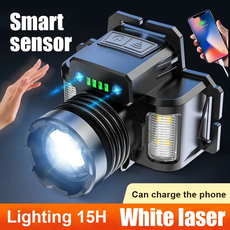 15H Powerful Sensor LED Headlamp Built 5600mAh Battery High Power Rechargeable Headlight Flashlight Camping Fishing Head Lantern-WAYBIKER