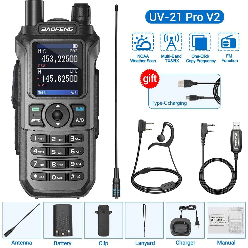 Baofeng UV-21 Pro Walkie Talkie Tri-Band Wireless Copy Frequency Long Range 999CH NOAA High Power Type-C UV-5R Ham Two Way Radio-WAYBIKER