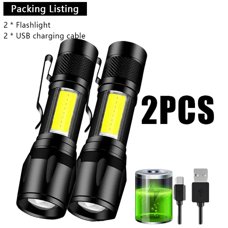 Mini Rechargeable LED Flashlight COB+XPE Portable Torch Camping Lantern Zoomable Focus Light Tactical Flashlight with Pen Clip