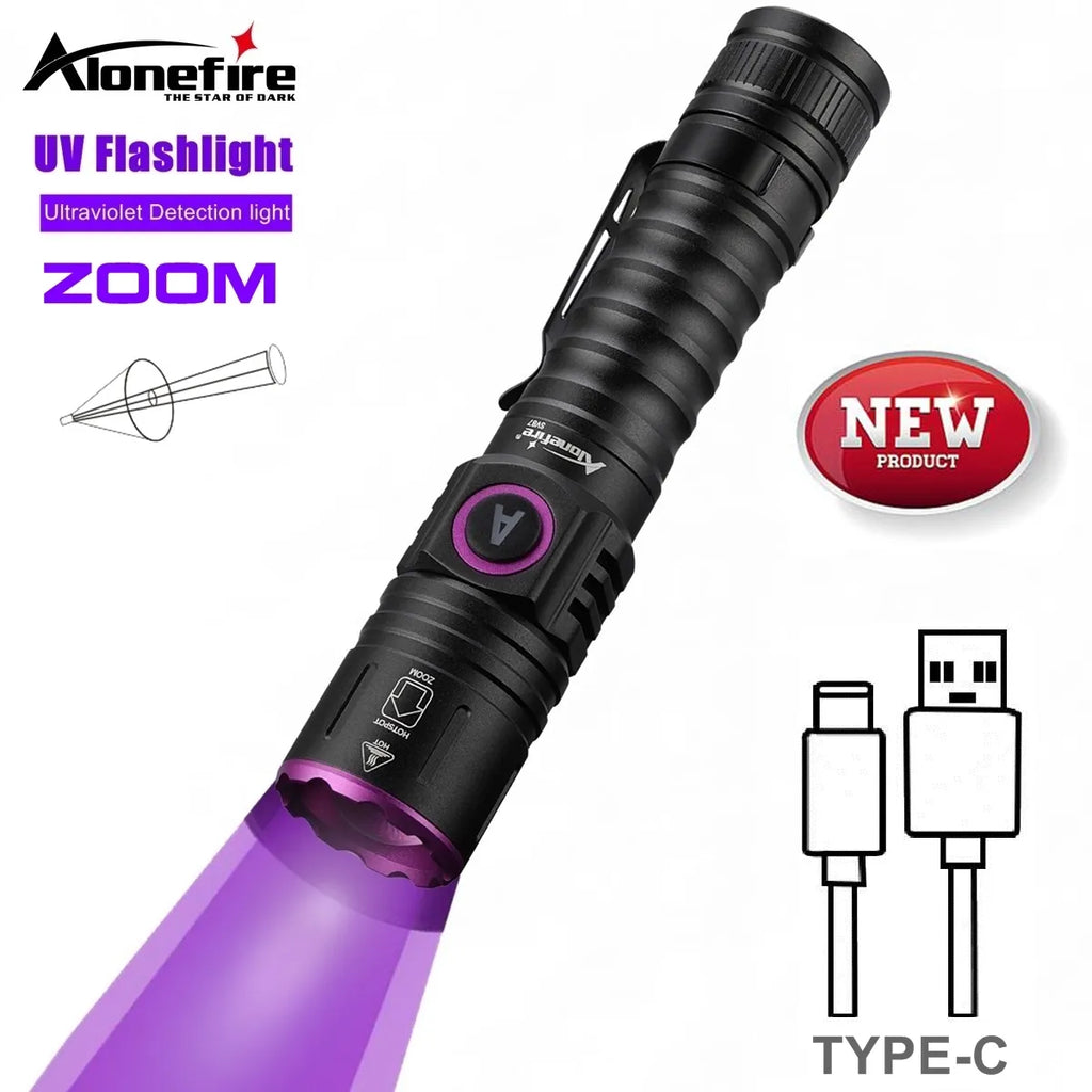 Zoom UV LED Flashlight 365 395nm Type-C Charging Invisible Ink Marker Cat Dog Urine Tinea Ore Money Scorpion Fluorescence Light