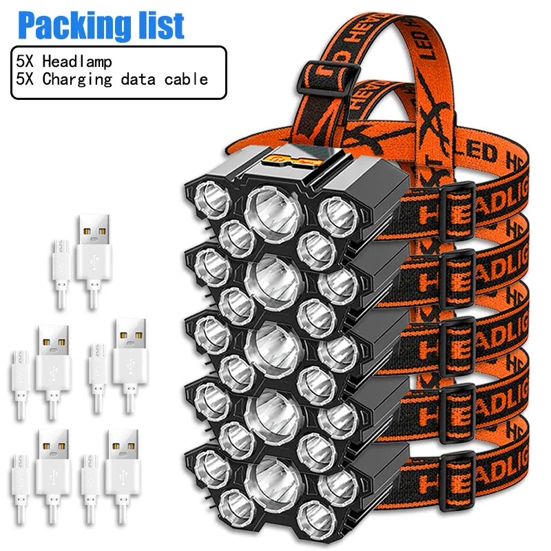 USB Rechargeable 5LED Headlamp High Power Head Flashlight 18650 Built-in battery Headlight LED Head Torch For Camping Fishing-WAYBIKER
