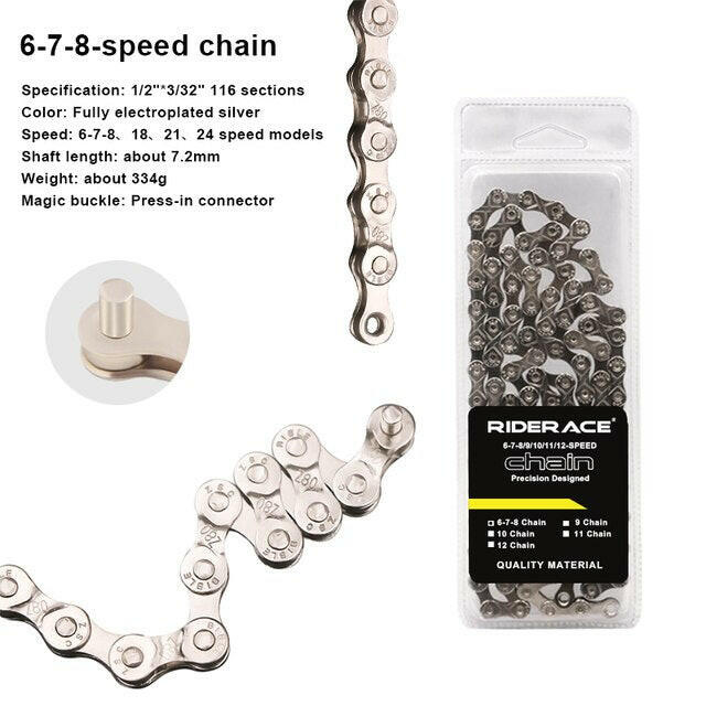 RIDERACE Bicycle Chain 116L 8 9 10 11 12 Speed Silver Ultralight Mountain Road Bike Chain For 24/27/30 Variable Speed Chain-WAYBIKER