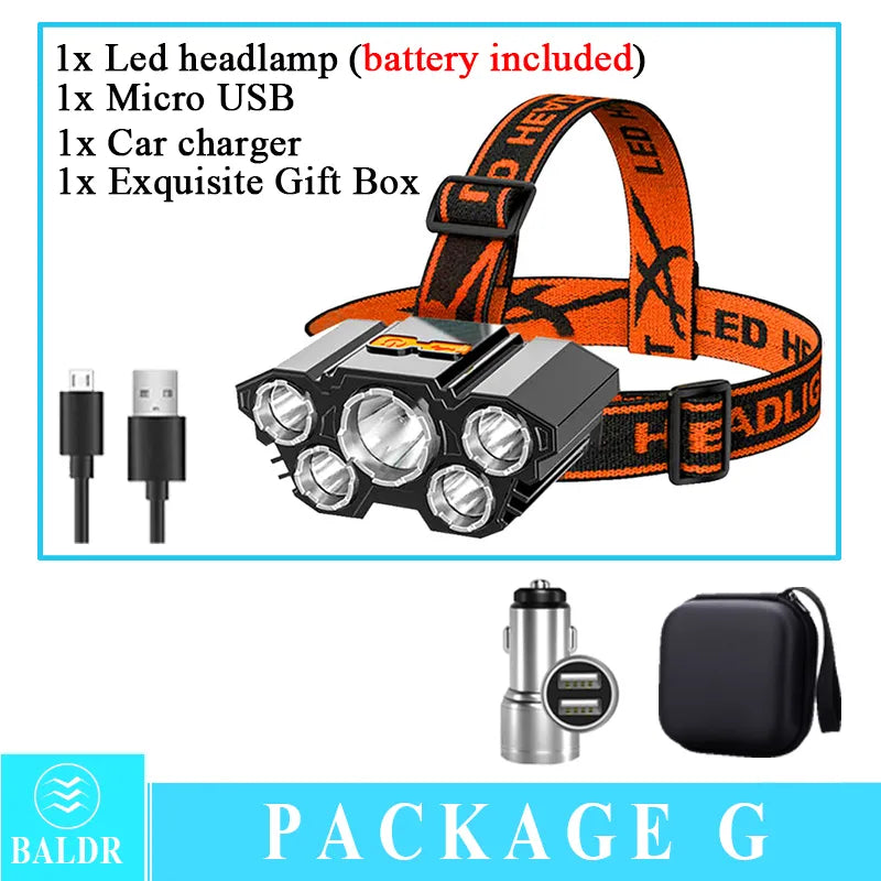 USB Rechargeable Led Five-Head Headlamp Super Bright 18650 Built-in Battery Headlight Portable Head Flashlight Fishing Lantern-WAYBIKER