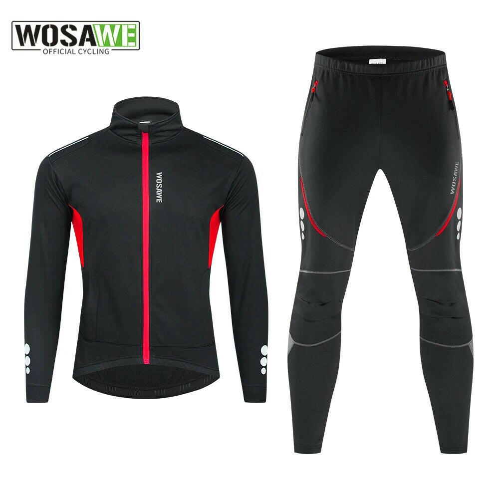 WOSAWE Winter Men's Cycling Outfit Fleece Warm MTB Jacket Reflective Cycling Sportwear Jerseys Pant Suit Thermal Sportwear-WAYBIKER