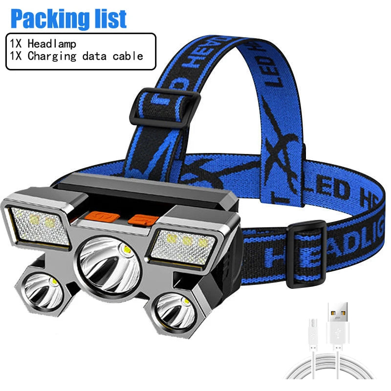 High Power 5 LED Flashlight Rechargeable With Built In 18650 Battery Strong Light Camping Adventure Fishing Head Light Headlamp-WAYBIKER