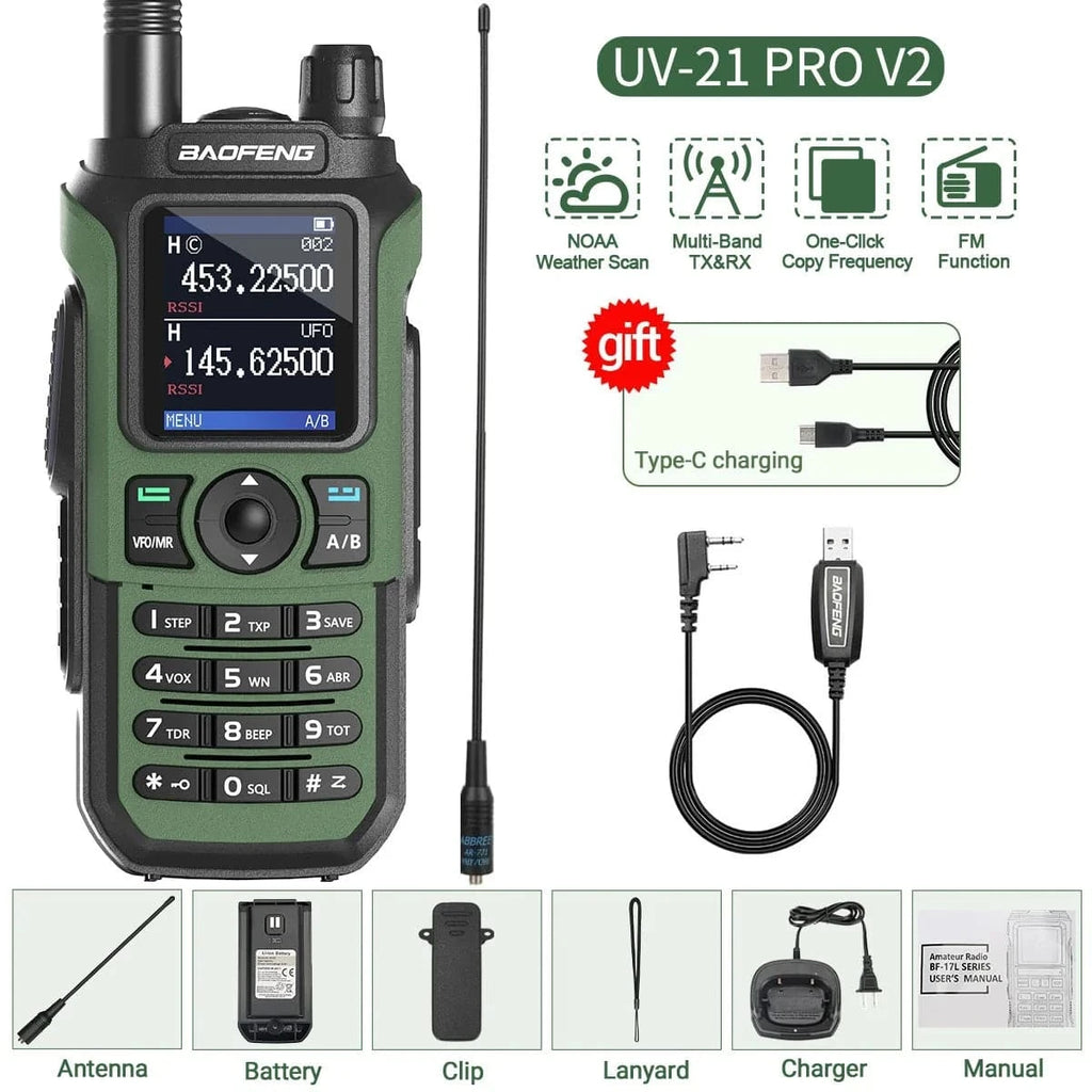 Baofeng UV-21 Pro V2 Wireless Copy Frequency Walkie Talkie Tri Band Waterproof 16 KM Long Range Type-C Charger UV 5R Ham Radio-WAYBIKER