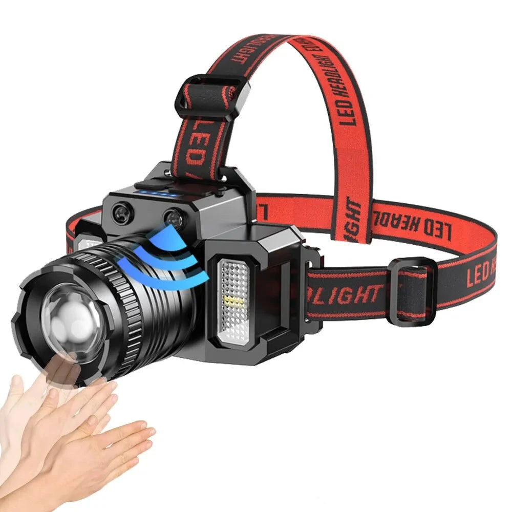 High Power LED Sensor Headlamp Zoomable Headlight Rechargeable Fishing Light With Red Blue Light and COB Side Light-WAYBIKER