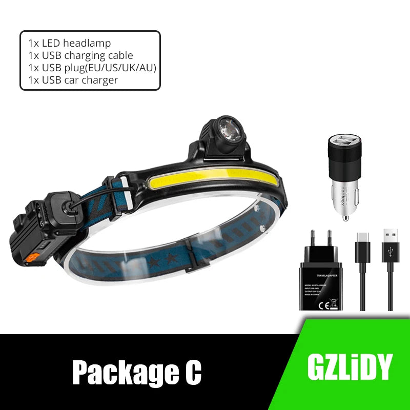 IR Sensor COB Headlamp Powerful USB Lantern Lamp Waterproof LED Headlight Fishing Head Torch 6 Modes 2000mAh 18650 Flashlight-WAYBIKER