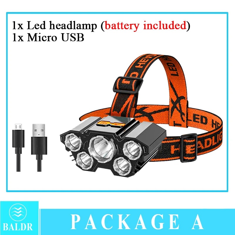 5LED Headlamp Rechargeable With Built In 18650 Battery Strong Light Long Range Torch Outdoor Camping Adventure Fishing HeadLight-WAYBIKER