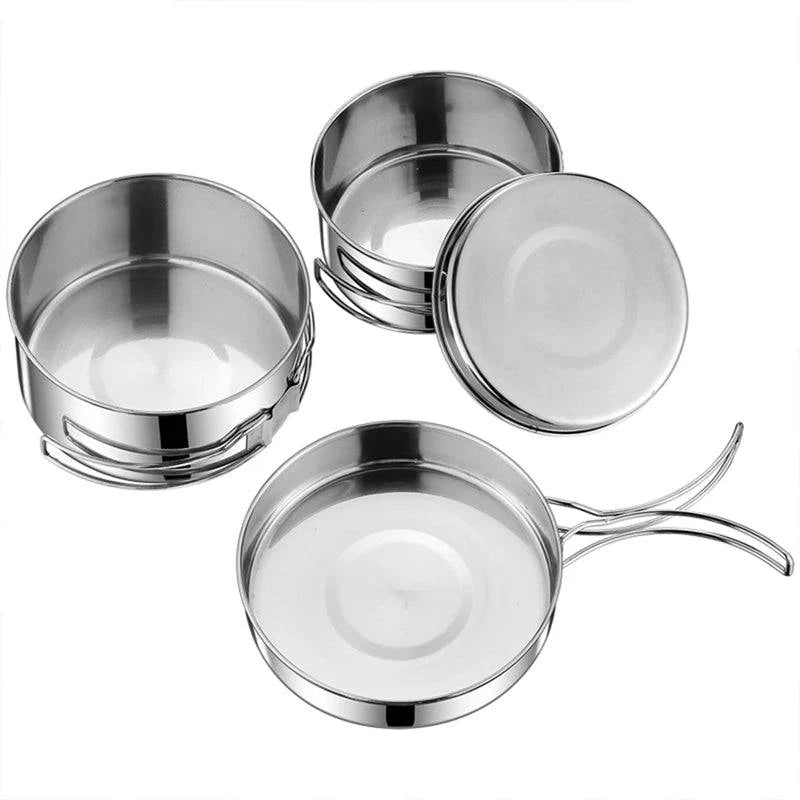 2PCS/SET Cookware Set Stainless Steel Cookware Kit Cooking Pot and Pan Set with Plates Cups for Outdoor Camping Backpacking-WAYBIKER