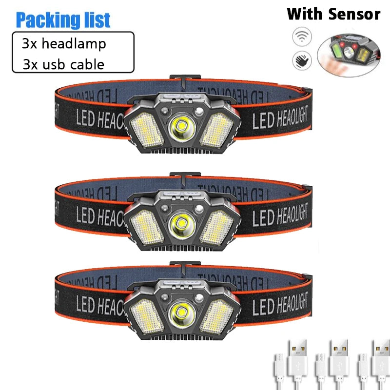 Rechargeable Headlamp Portable LED Headlamp Outdoor Fishing Flashlight Built-in Battery Wave Induction Motion Sensor Headlight-WAYBIKER