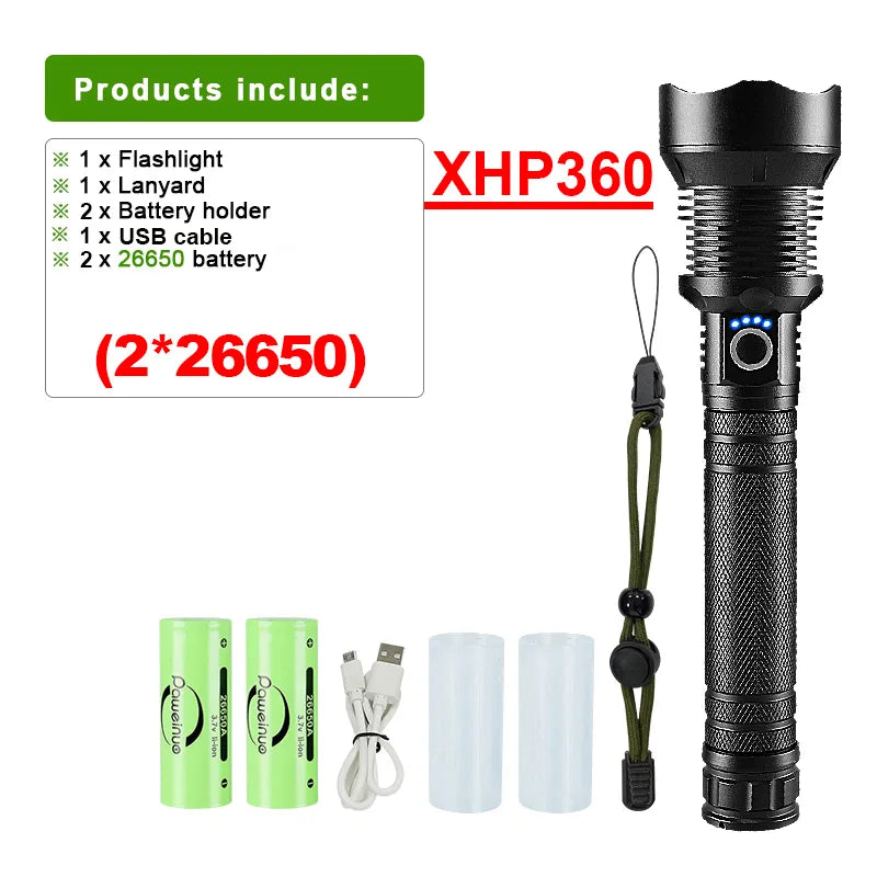 Paweinuo XHP360 Powerful Led Flashlight High Power Rechargeable Torch Usb Tactical Flashlight IPX6 Waterproof Zoomable Hand Lamp-WAYBIKER