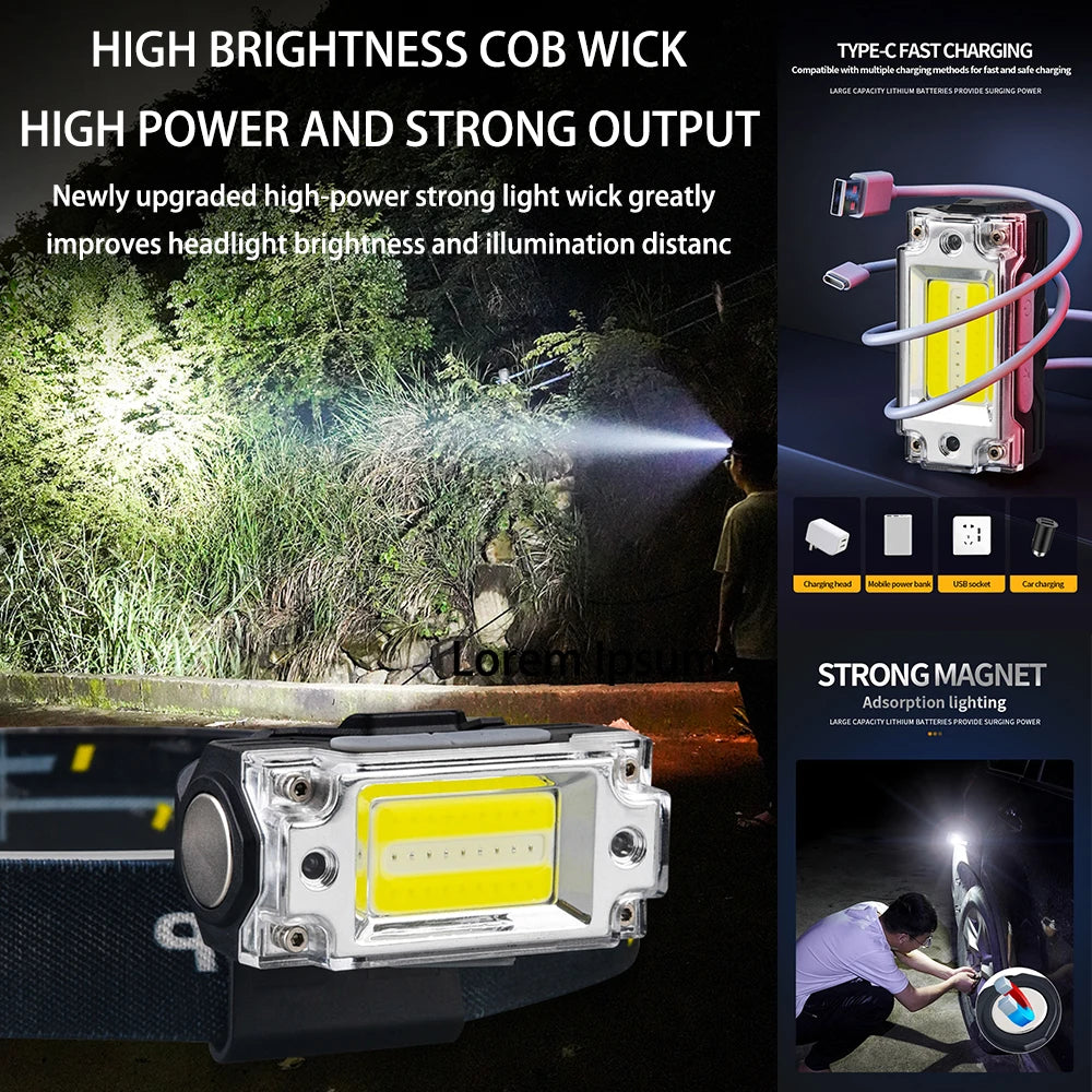 New LED Headlamp Induction Headlight USB Rechargeable Portable Head Flashlight Camping Fishing COB high magnetic outdoor headlig